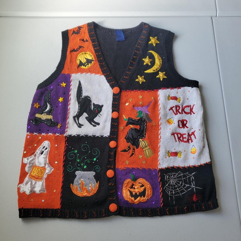 Basic Editions Sweater Vest Womens Medium Halloween Cat Witch Pumpkin Spooky